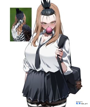 1girl absurdres animal_charm arm_at_side artist_name bag bangs_pinned_back bear_charm bird black_choker black_hair black_necktie black_skirt blowing_bubble_gum blush breasts brown_hair chewing_gum choker collarbone commentary cowboy_shot earrings english_commentary forehead gyaru highres holding_strap jewelry large_breasts long_hair looking_at_viewer necktie nisp_art original personification photo-referenced pleated_skirt reference_inset reference_photo school_bag shirt simple_background skirt solo tented_shirt tsurime white_background white_shirt yellow_eyes
