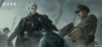 1other 3boys at_gunpoint badge belt black_coat black_gloves black_shirt blue_eyes brown_hat brown_jacket brown_neckerchief closed_mouth coat coat_on_shoulders combat_helmet copyright_name copyright_notice dog_tags finger_on_trigger gloves grey_sky gun handgun hat helmet highres holding holding_gun holding_weapon holster igor_(reverse:1999) jacket jar logo looking_at_another looking_at_viewer male_focus military_uniform multiple_boys neckerchief official_art official_wallpaper old old_man open_mouth peaked_cap rain reverse:1999 sam_browne_belt scar scar_across_eyebrow scar_on_arm scar_on_face shirt short_hair sky smoke soldier upper_body weapon white_beard white_hair