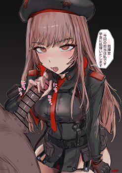 1girl absurdres bar_censor beret blush breasts censored commentary_request dark-skinned_male dark_skin elazale erection glansjob goddess_of_victory:_nikke handjob hat hetero highres imminent_ejaculation interracial kneeling medium_breasts military_hat military_uniform no_pants open_mouth orange_hair penis rapi_(nikke) red_eyes revision thick_thighs thighs tongue tongue_out translated veins veiny_penis