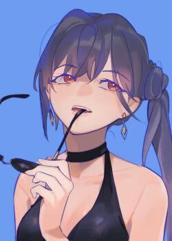 Rule 34 | 1girl, bikini, black bikini, black hair, breasts, cleavage, commentary request, diamond-shaped earrings, eyewear in mouth, hair bun, highres, holding, holding removed eyewear, indoors, katsuragi izumi, katsuragi izumi (swimsuit), link! like! love live!, long hair, looking to the side, love live!, medium breasts, mouth hold, official alternate costume, open mouth, orange eyes, pipi (m1x mix), side ponytail, single side bun, solo, sunglasses, swimsuit, unworn eyewear, virtual youtuber