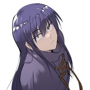 1boy boris_jinneman closed_mouth expressionless from_above long_hair looking_at_viewer male_focus namosuke_(oetwmkekmz) purple_eyes purple_hair purple_shirt shirt sidelocks simple_background solo tales_weaver turtleneck turtleneck_shirt upper_body white_background