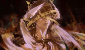 Rule 34 | 1boy, absurdres, angel wings, biblically accurate angel, brown eyes, brown hair, caleb (love and deepspace), closed mouth, commentary, english commentary, feathered wings, highres, lips, looking at viewer, love and deepspace, male focus, medium hair, meylish, nose, one eye covered, solo, upper body, wings