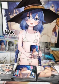 1girl absurdres bare_arms bare_shoulders bikini black_hat blue_eyes blue_hair blush book braid breasts collarbone comiket_106 commentary_request crossed_bangs doujinshi groin hair_between_eyes hat heavy_breathing highres holding holding_book large_hat loli long_hair looking_at_viewer low_twintails meta mushoku_tensei nakatokung open_mouth roxy_migurdia side-tie_bikini_bottom small_breasts solo standing string_bikini sweat sweatdrop swimsuit teeth thighs twin_braids twintails upper_teeth_only very_long_hair white_bikini witch_hat