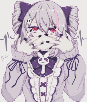 1girl black_bow black_nails bow cardiogram commentary_request drill_hair frilled_bow frills grey_hair grey_shirt hair_between_eyes hair_bow hair_ornament hairclip hands_up highres honkai_(series) honkai_impact_3rd kinoko_(kinopio_1018) long_sleeves multicolored_hair nail_polish pale_skin parted_lips pink_hair prometheus_(honkai_impact) prometheus_(saccharine_lash-out)_(honkai_impact) puffy_long_sleeves puffy_sleeves red_eyes shirt signature skull_hair_ornament sleeves_past_wrists solo streaked_hair twin_drills twintails upper_body