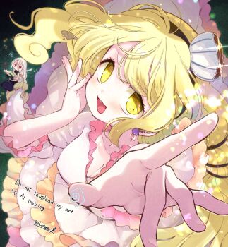 2girls :3 :d biyon black_dress black_hairband blonde_hair blush breasts cleavage commentary_request cooking dark_background dress earrings fried_egg frilled_dress frills from_above frying_pan hair_ornament hairband hand_on_own_face highres holding holding_frying_pan holding_spatula jewelry long_hair looking_at_viewer medium_breasts multiple_girls open_mouth outstretched_hand red_eyes shell shell_earrings shell_hair_ornament sleeveless sleeveless_dress smile spatula squeans touhou twitter_username watari_nina watermark wavy_hair white_dress white_hair yellow_eyes yuiman_asama