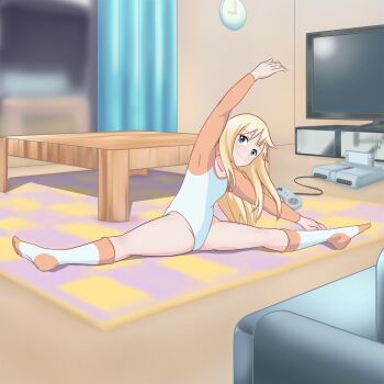 1girl arm_up armpits athletic_leotard bad_id bad_pixiv_id blonde_hair blue_eyes blurry borrowed_character clock controller couch curtains depth_of_field exercising feet female_focus flat_chest flexible freckles full_body game_console game_controller gamepad groin highres indoors kneehighs leaning leotard light_smile long_hair long_sleeves looking_at_viewer no_shoes on_floor original outstretched_arm outstretched_arms plantar_flexion raglan_sleeves rug sig_(sfried) sitting_split smile socks solo split spread_legs stretching super_famicom table television