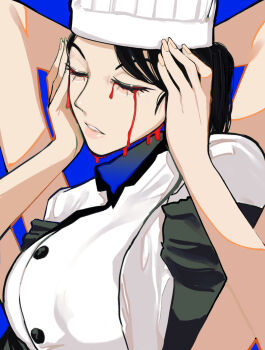 1girl aegyo_sal apron arthropod_limbs blood bloody_tears blue_background chainsaw_man chef chef_hat closed_eyes extra_arms facing_to_the_side falling_devil_(chainsaw_man) flat_top_chef_hat hat highres holding_detached_head parted_lips sailen0 severed_head simple_background solo waist_apron