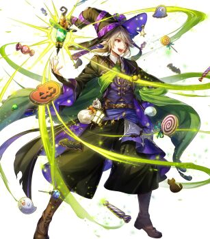 1boy attack boots bridal_gauntlets candy cape dragonstone fire_emblem fire_emblem_fates fire_emblem_heroes food green_cape green_light hat hat_ornament highres lantern male_corrin_(fire_emblem) male_corrin_(halloween)_(fire_emblem) moon_(ornament) nintendo non-web_source official_alternate_costume official_art open_mouth pointy_ears red_eyes smile solo star_(symbol) star_hat_ornament star_print stitches white_background wizard_hat