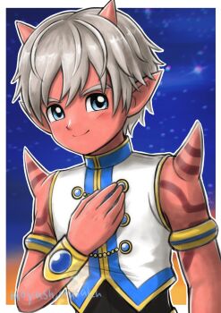 1boy absurdres armlet black_shirt blue_background blue_eyes blue_gemstone border bracelet closed_mouth colored_skin commentary_request dragon_quest dragon_quest_x gem gold_armlet gold_bracelet gradient_background gurie_(dq10) hand_on_own_chest highres horns jewelry looking_at_viewer male_focus moyapippi multiple_armlets orange_background pointy_ears red_horns red_skin shirt short_hair shoulder_spikes smile solo spikes upper_body vest white_border white_hair white_vest