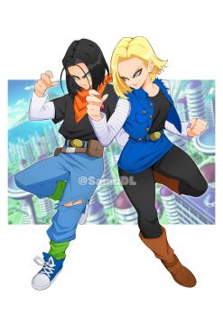 android_17 android_18 black_hair black_pantyhose black_shirt blonde_hair blue_hair blue_pants blue_shoes blue_skirt blurry blurry_background boots border brother_and_sister brown_boots denim denim_jacket denim_skirt dragon_ball dragonball_z fighting_stance full_body highres jacket pants pantyhose samu_(samudl) shirt shoes short_hair siblings skirt sleeveless sleeveless_jacket smirk torn_clothes torn_jacket twins white_border