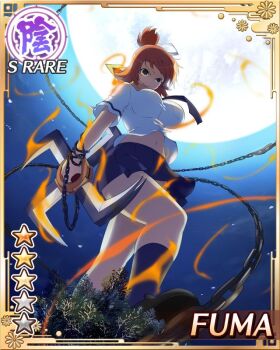 Rule 34 | 1girl, blue necktie, blue skirt, breasts, brown eyes, card (medium), closed mouth, full moon, fuma (senran kagura), fuuma shuriken, game cg, hair ribbon, hanzou academy school uniform, holding, holding shuriken, holding weapon, large breasts, looking down, medium hair, moon, navel, necktie, night, non-web source, official alternate costume, official art, orange hair, pleated skirt, ribbon, scarf, school uniform, senran kagura, senran kagura new wave, shuriken, skirt, smile, solo, topknot, weapon, white ribbon, yellow scarf