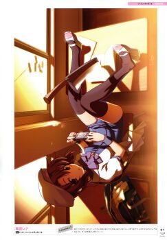 1girl absurdres bag beret black_thighhighs blue_one-piece_swimsuit brown_hair chair classroom desk earphones expressionless hashitsuki_nata hat highres higurashi_no_naku_koro_ni looking_at_viewer nata_(tool) on_chair one-piece_swimsuit puffy_short_sleeves puffy_sleeves ryuuguu_rena school_bag school_chair school_desk school_swimsuit shoes short_hair short_sleeves solo swimsuit thighhighs third-party_source uwabaki watanabe_akio window zettai_ryouiki