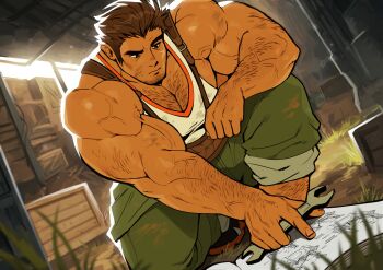 1boy absurdres backlighting bara facial_hair goatee_stubble hairy highres huge_pectorals leg_hair male_focus mature_male mechanic medium_sideburns muscular muscular_male nat20_(greentail) nifast_(greentail) on_one_knee original pectorals sidepec solo sparse_arm_hair stubble tan tank_top thick_arms thick_chest_hair thick_eyebrows veins veiny_arms very_hair white_tank_top wrench