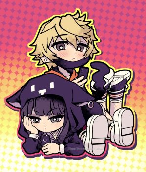 1boy 1girl animal_ears black_hair blonde_hair blush brown_eyes cellphone ear_piercing fake_animal_ears fake_tail grey_eyes hetero highres hime_cut holding holding_phone jewelry kanade_rindo long_hair lying lying_on_another lying_on_lap mask mouth_mask necklace panty_&amp;_stocking_with_garterbelt parody phone piercing sakurane_shoka shin_subarashiki_kono_sekai shoes sitting smartphone style_parody subarashiki_kono_sekai tail white_shoes