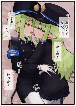 2girls armband artist_name black_hat black_jacket black_shorts black_skirt blue_archive blue_armband border buttons commentary_request cowboy_shot double-breasted french_kiss from_side fuyudori_yukino gloves green_hair half-closed_eyes hands_on_another's_waist hat heart highres hikari_(blue_archive) incest jacket kiss long_hair looking_at_another military_hat multiple_girls nozomi_(blue_archive) pantyhose pleated_skirt pointy_ears shorts sketch_background skirt sound_effects speech_bubble tail talking translation_request twintails twitter_username white_gloves white_pantyhose yellow_eyes yuri