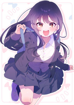 Rule 34 | 1girl, :d, black cardigan, black hair, black jacket, black skirt, black socks, blush, boku no kokoro no yabai yatsu, breasts, brown eyes, buttons, cardigan, character request, collared shirt, commentary request, copyright request, cowboy shot, dot nose, drop shadow, highres, jacket, large breasts, leg up, long hair, long sleeves, looking at viewer, mole, mole on neck, multiple moles, notice lines, open clothes, open jacket, open mouth, outline, pleated skirt, purple shoes, serizawa serizane, shirt, shoes, skirt, smile, sneakers, socks, solo, twitter username, white outline, white shirt, yamada anna