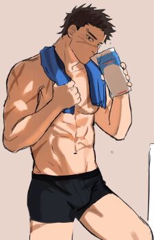 1boy abs absurdres arm_up black_hair black_male_underwear drink_carton drinking golden_kamuy groin highres holding holding_milk_carton holding_towel looking_at_viewer male_focus male_underwear milk_carton multiple_scars muscular muscular_male navel pectorals scar scar_on_chest scar_on_face scar_on_shoulder short_hair simple_background solo sugimoto_saichi ton_(ton19130318) topless_male towel towel_around_neck underwear