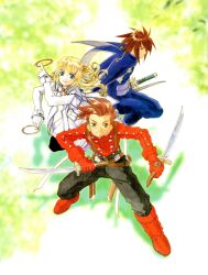 Rule 34 | 1girl, 2boys, absurdres, belt, black pants, blonde hair, blue cape, blue eyes, blue pants, blue shirt, boots, brown eyes, brown hair, cape, chakram, colette brunel, detached sleeves, dress, dual wielding, fighting stance, fujishima kousuke, full body, gem, gloves, highres, holding, holding sword, holding weapon, jacket, jewelry, kratos aurion, lloyd irving, long hair, long sleeves, looking at viewer, multiple belts, multiple boys, neck ring, official art, pants, pantyhose, red footwear, red gemstone, red gloves, red jacket, red lips, ring, scan, sheath, shirt, sideways glance, smile, spiked hair, suspenders, sword, tales of (series), tales of symphonia, unsheathing, weapon, white dress, white gloves
