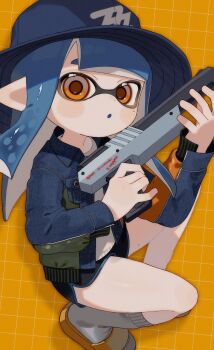 1girl :o blue_hair blue_hat blue_jacket blue_trim bucket_hat dolphin_shorts grid_background gun hat highres holding holding_gun holding_weapon inkling inkling_girl inkling_player_character jacket long_hair looking_at_viewer n-zap_(splatoon) nintendo orange_background orange_eyes pointy_ears print_hat sabata_saba sandals shorts socks solo splatoon_(series) splatoon_3 tentacle_hair weapon white_socks