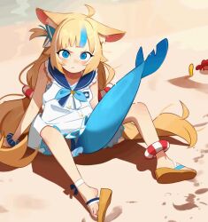 1girl :&lt; ahoge animal animal_ear_fluff animal_ears animated anklet bare_shoulders beach between_legs blonde_hair blue_eyes blue_hair blue_sailor_collar blunt_bangs blush bracelet closed_mouth commentary crab dress english_commentary erect_tail feet fins fish_tail gif_artifacts indie_virtual_youtuber jewelry kaniki_(sameko_saba) khyle. knees_up light_frown long_hair looking_at_viewer multicolored_hair nail_polish outdoors sailor_collar sameko_saba sandals shark_tail short_dress sitting sleeveless sleeveless_dress solo sparkle spongebob_squarepants spongebob_squarepants_(series) streaked_hair tail tail_between_legs tail_raised toenail_polish toenails twintails two-tone_hair v-shaped_eyebrows very_long_hair video virtual_youtuber water white_dress