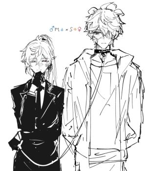 Rule 34 | 1boy, alternate costume, alternate hairstyle, blush, genderswap, genderswap (mtf), genshin impact, greyscale, hamtaru542899, holding, holding leash, leash, long hair, monochrome, mors gn, one eye covered, tartaglia (genshin impact), twitter, uniform, white background, zhongli (genshin impact)