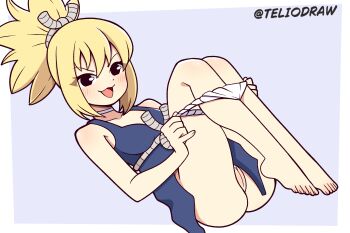 1girl :3 artist_name ass bare_shoulders black_eyes blonde_hair blue_dress blue_nightgown blush border breasts choker cleft_of_venus dr._stone dress female_focus full_body hair_tie highres kohaku_(dr._stone) legs_together legs_up lying medium_breasts medium_hair nightgown on_back open_mouth panties panties_around_leg pinky_out ponytail purple_background pussy removing_panties rope_belt sidelocks simple_background smile smug solo spiked_hair tagme teliodraw thighs toes underwear undressing watermark white_background white_choker