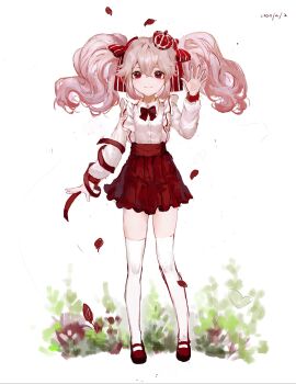 1girl absurdres chinese_commentary closed_mouth commentary_request crown dated full_body hair_between_eyes hair_ribbon hand_up highres long_sleeves mary_janes mini_crown miniskirt original pink_hair red_eyes red_ribbon red_shoes red_skirt ribbon shirt shoes skirt smile socks solo striped_ribbon twintails vihua6 white_shirt white_socks