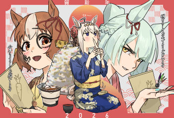 2026 3girls absurdres alternate_hairstyle animal_ears belno_light_(umamusume) blue_kimono bow bowl braid brown_hair crown_braid ear_ribbon eating facepaint flower food fujimasa_march_(umamusume) green_hair grey_hair grill grin hagoita hair_flower hair_ornament hair_up half_updo hane_(hanetsuki) hanetsuki happy_new_year highres holding holding_paddle horse_ears horse_girl japanese_clothes kimono long_hair mochi multicolored_hair multiple_girls new_year no-kin obi oguri_cap_(umamusume) open_mouth paddle sash seiza short_hair sitting smile translated two-tone_hair umamusume umamusume:_cinderella_gray white_hair yellow_eyes yellow_kimono