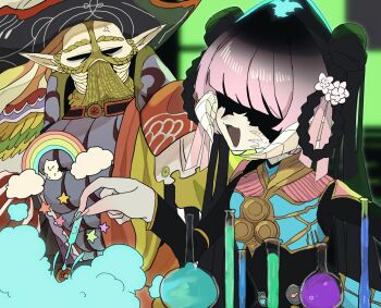 Rule 34 | 1boy, 1other, amon (ff14), au ra, blunt bangs, braid, braided hair rings, commission, commissioner upload, double bun, elezen, elf, feathered cape, final fantasy, final fantasy xiv, fingernails, flower, glaa da, hair bun, hair flower, hair ornament, hair rings, hat, highres, long hair, mask, moogle, original, pointy ears, sharp fingernails, skeb commission, test tube, twintails, vial