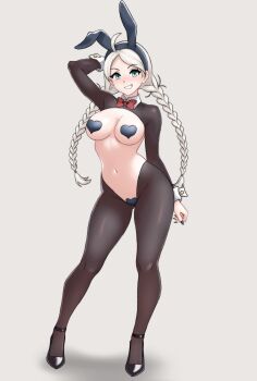 1girl absurdres ahoge alternate_costume animal_ears blue_eyes blue_nails braid breasts commission commissioner_upload fake_animal_ears fingernails fire_emblem fire_emblem_fates full_body gluteal_fold hairband hayato_stuff heart_maebari heart_pasties high_heels highres long_fingernails long_hair long_sleeves looking_at_viewer low_twin_braids low_twintails maebari medium_breasts nail_polish navel nina_(fire_emblem) nintendo non-web_source pantyhose parted_bangs pasties playboy_bunny rabbit_ears reverse_bunnysuit reverse_outfit solo standing twin_braids twintails white_hair
