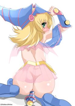 absurdres ass ass_focus back blonde_hair blue_dress boots dark_magician_girl dress gold_trim highres kneeling no_panties pink_skirt see-through_clothes short_dress skirt squatting staff wand watterywinter wet yu-gi-oh!