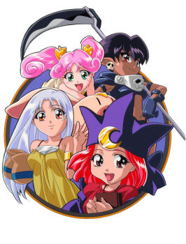 1990s_(style) 4girls armband armlet bad_id black_armband black_cape black_gloves black_hair black_hat black_jacket black_panties black_shirt book cape closed_mouth crescent crescent_hat_ornament crop_top dark-skinned_female dark_skin death_(magical_drop) dress earrings fang gift_art gloves gold_armlet gotou_keiji green_eyes hair_ornament hand_up hat hat_ornament heart heart_hair_ornament high_priestess_(magical_drop) holding holding_book holding_scythe jacket jewelry long_hair looking_at_viewer lovers_(magical_drop) magical_drop midriff multiple_girls navel open_clothes open_jacket orange_eyes panties pig pink_hair pointy_ears pottery red_eyes red_hair red_shirt retro_artstyle riding riding_animal scythe second-party_source shirt short_hair simple_background skull_earrings sleeveless sleeveless_dress smile spaghetti_strap star_(magical_drop) twintails underwear white_background white_dress white_hair wrist_belt yellow_dress