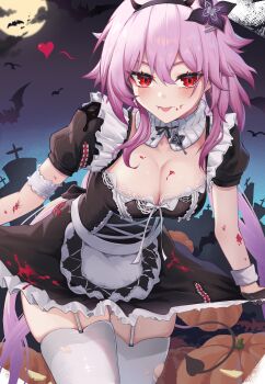 1girl absurdres apron bat_(animal) blood breasts cleavage commentary demon_tail english_commentary evernight_(honkai:_star_rail) fake_horns fang flower frills hair_between_eyes hair_flower hair_ornament halloween highres honkai:_star_rail honkai_(series) horns maid march_7th_(honkai:_star_rail) medium_breasts moon night night_sky pink_hair pumpkin red_eyes ribbon sky solo tail thighhighs thighs uha