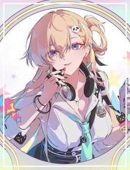 1girl absurdres aqua_necktie black_nails blonde_hair breasts cellphone cleavage commentary cosmetics earrings english_commentary enkiou fingernails hair_between_eyes hair_ornament headphones headphones_around_neck highres holding holding_lipstick_tube holding_phone jewelry large_breasts lipstick_tube long_fingernails long_hair looking_at_viewer lynae_(wuthering_waves) mole nail_polish necklace necktie parted_lips phone purple_eyes shirt shirt_tucked_in skull_hair_ornament smartphone smile solo star_(symbol) star_earrings white_shirt wuthering_waves