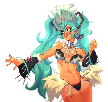 1girl absurdres alternate_costume aqua_eyes aqua_hair bikini brazilian_miku breasts carnival detached_sleeves facial_mark hat hatsune_miku highres long_hair medium_breasts open_mouth paniny_01 smile swimsuit tan tanline twintails vocaloid white_background
