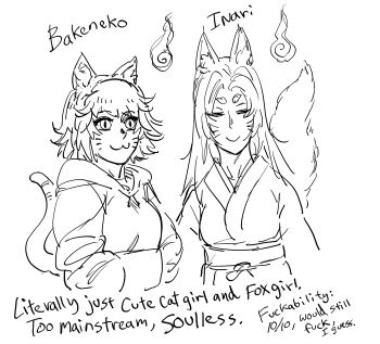 Rule 34 | 2girls, :3, animal ears, bakeneko, bb (baalbuddy), cat ears, cat tail, character name, closed eyes, closed mouth, commentary, english commentary, english text, facial mark, fox tail, greyscale, hands in opposite sleeves, highres, inari, long hair, monochrome, multiple girls, original, simple background, slit pupils, smi, smile, tail, traditional youkai, whisker markings, white background