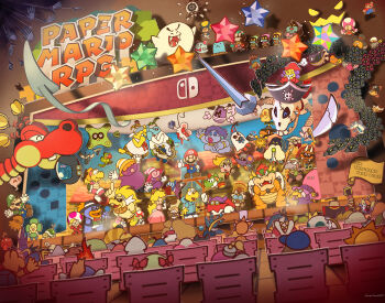 6+boys 6+girls ^_^ admiral_bobbery beldam bird blonde_hair blooper_(mario) blue_hat bob-omb bombette boo_(mario) bow bow_(paper_mario) bowser buzzy_beetle chair character_request closed_eyes clown clown_boy coke-bottle_glasses copyright_name cortez crossed_arms crystal_king crystal_star_(mario) dimentio doopliss dragon everyone facial_hair fangs flavio flurrie game_console gamecube ghost_t. glasses gloves goombario goombella green_hat grin grubba hat highres holding holding_weapon hooktail huff_n._puff index_finger_raised jester jester_boy jolene_(paper_mario) kammy_koopa kooper koopie_koo koops lord_crump luigi luvbi maribou_(supermaribou) marilyn_(paper_mario) mario mario_(series) mask microphone mimi_(paper_mario) mini-yoshi ms._mowz multiple_boys multiple_girls mustache nintendo o&#039;chunks one_eye_closed open_mouth orange_hair overalls paper_bowser paper_luigi paper_mario paper_mario:_the_thousand-year_door paper_mario_(character) paper_mario_64 pennington pianta pink_hair piranha_plant pirate_hat pokey_(mario) princess_peach professor_frankly purple_hair rawk_hawk red_hat shine_sprite sir_grodus smile smorg squirps stage super_mushroom super_paper_mario sushie sword thumbs_up toad_(mario) toadette toadsworth toodles_(paper_mario) treasure_chest twitter_username vivian_(paper_mario) watt_(paper_mario) weapon whacka x-naut yoshi