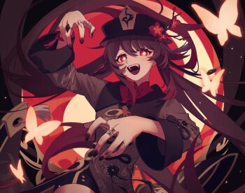 1girl black_nails black_shorts blush brown_hair bug butterfly commentary eyelashes fangs flower flower-shaped_pupils genshin_impact gradient_hair hair_between_eyes hanakiri22 hat hat_flower highres hu_tao_(genshin_impact) insect jewelry long_hair long_sleeves looking_at_viewer multicolored_hair multiple_rings nail_polish open_mouth red_eyes red_flower red_hair ring short_shorts shorts sidelocks solo symbol-shaped_pupils twintails very_long_hair