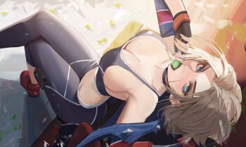 1girl alternate_breast_size_(larger) ass black_gloves black_pants black_sports_bra blonde_hair blue_eyes blue_jacket breasts cammy_white candy capcom cleavage commentary cropped_jacket crossed_legs fingerless_gloves food food_in_mouth from_above gloves highres holding holding_candy holding_food holding_lollipop jacket large_breasts lips lollipop looking_at_viewer neo_(neorarty3) off_shoulder pants red_shoes revision scar scar_on_face shoes short_hair sitting solo sports_bra street_fighter street_fighter_6 yoga_pants