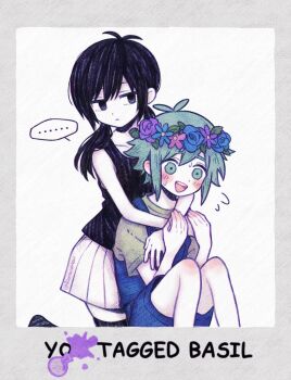 1boy 1girl :d antenna_hair bare_arms bare_legs bare_shoulders basil_(headspace)_(omori) basil_(omori) black_eyes black_hair black_tank_top black_thighhighs blue_flower blue_overalls blue_rose blush border character_name collarbone colored_skin commentary double-parted_bangs english_text expressionless feet_out_of_frame flower flower_wreath flying_sweatdrops genderswap genderswap_(mtf) green_eyes green_hair green_shirt grey_border hair_between_eyes hands_up hatching_(texture) head_wreath hetero highres hug hug_from_behind jitome kneeling knees_up kodomo_doushi leaf looking_at_viewer low_twintails medium_hair miniskirt omori omori_(omori) open_mouth overall_shorts overalls paper_texture pink_flower pinstripe_pattern pinstripe_skirt purple_flower purple_rose rioririoriori rose shirt short_hair short_sleeves sidelocks simple_background sitting skirt smile sweat symbol-only_commentary tank_top tareme teeth thighhighs tongue twintails twitter_username upper_teeth_only white_background white_skin white_skirt zettai_ryouiki