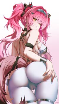 1girl absurdres arm_strap armor artist_name ass bare_shoulders black_bow blush bodysuit bow breastplate breasts cameltoe chromatic_aberration commentary cowboy_shot earrings from_behind gradient_background grin hair_bow hair_intakes hair_ornament hairband hand_on_own_ass highres jewelry kiratto777 large_breasts long_hair looking_at_viewer looking_back lupa_(wuthering_waves) median_furrow metal_hairband pink_background pink_hair red_pupils shoulder_blades smile solo tail teeth thigh_gap white_background white_bodysuit wolf_tail wrist_guards wuthering_waves yellow_eyes