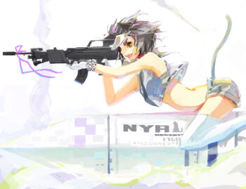 1girl animal_ears bad_id bad_pixiv_id cat cat_ears cat_tail female_focus gun h&amp;k_mg4 haou_airen kuro_tomato kurotomato_(heavens-apple) meme midriff neta open_mouth original parody ribbon rifle short_hair sniper solo tail thighhighs weapon