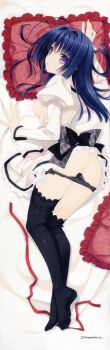1girl absurdres ahoge ass black_panties black_thighhighs blue_hair breasts clothes_lift dakimakura_(medium) female_focus frilled_pillow frills highres huge_filesize legs looking_at_viewer lying nipples no_bra on_side ookura_risona otome_riron_to_sono_shuuhen:_ecole_de_paris panties panty_pull perky_breasts pillow purple_eyes scan skirt skirt_lift solo suzuhira_hiro thighhighs tsuki_ni_yorisou_otome_no_sahou underwear