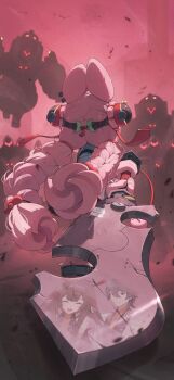 1girl 6+boys absurdres animal_ear_fluff animal_ear_piercing animal_ears braid braided_twintails closed_eyes commentary different_reflection english_commentary from_behind furry furry_female green_shirt hair_ornament highres holding holding_sword holding_weapon long_hair multiple_boys odd_(hin_yari) open_mouth pink_fur pink_hair rabbit_ears rabbit_girl reflection screw shirt sphere_hair_ornament sword weapon wise_(soaring_crane)_(zenless_zone_zero) wise_(zenless_zone_zero) ye_shunguang zenless_zone_zero zhao_(zenless_zone_zero)