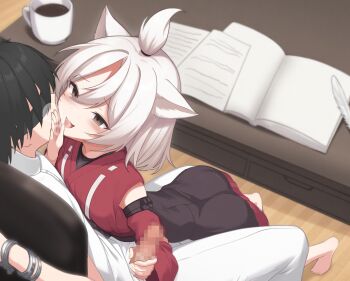 1boy 1girl :d absurdres arms_behind_back ass azur_lane barefoot bdsm black_hair blindfold blurry blurry_background blush breast_press breath brown_eyes censored chair commentary_request cuffs detached_sleeves dutch_angle erection full_body furrowed_brow ghost_villager hair_between_eyes hand_up handcuffs handjob highres indoors japanese_clothes kimono long_sleeves looking_at_another medium_hair mosaic_censoring naughty_face on_chair open_mouth outstretched_hand pants penis red_kimono short_hair shouhou_(azur_lane) sitting sleeveless sleeveless_kimono smile topknot tsurime whispering white_hair white_pants wide_sleeves