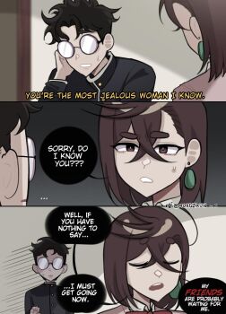 ... 1boy 1girl angry ayase_momo bad_end black_hair black_jacket brown_eyes closed_eyes commentary confused crossed_bangs dandadan earrings english_commentary english_text gakuran glasses gloom_(expression) hair_between_eyes hand_on_own_face jacket jewelry looking_at_another meme morgzkun open_mouth parted_bangs revision round_eyewear school_uniform short_hair small_sweatdrop speech_bubble takakura_ken_(dandadan) talking twitter_username walking_away