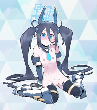 Rule 34 | 1girl, android, aris (armed) (blue archive), aris (blue archive), black hair, black thighhighs, blue archive, blue boots, blue eyes, blue gloves, blue halo, blush, boots, cleft of venus, commentary request, elbow gloves, flat chest, gloves, groin, hair between eyes, halo, hypericum (mppv1862), joints, long hair, long hair between eyes, looking at viewer, mecha musume, mechanical boots, mechanical gloves, multicolored boots, navel, nipples, nude, parted lips, pussy, rectangular halo, robot joints, sitting, solo, thighhighs, twintails, two-tone boots, very long hair, wariza, white boots