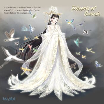 1girl artist_request bird black_hair blunt_bangs character_name chinese_clothes chinese_hairpin closed_mouth cloud cloudy_sky copyright_logo crane_(animal) crown day dot_nose english_text expressionless full_body grey_eyes hair_ornament hairpin hanfu high_collar light_blush light_particles lipstick logo long_hair long_sleeves makeup miracle_nikki mountain multiple_hairpins nikki_(series) official_art outdoors outline own_hands_together phoenix_of_genesis_(miracle_nikki) red_lips see-through_clothes see-through_shawl shawl sky sleeves_past_wrists solo standing straight_hair third-party_source very_long_hair white_crown white_hanfu white_outline white_shawl wide_sleeves