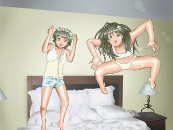 2girls bed black_hair brown_eyes green_eyes hotel_room jumping multiple_girls parody reference_work saten_ruiko short_hair toaru_kagaku_no_railgun toaru_majutsu_no_index uiharu_kazari underwear what