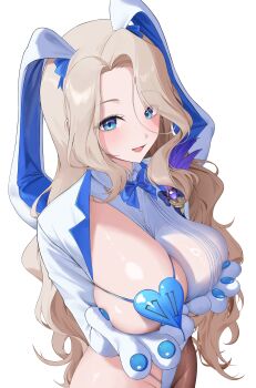 1girl absurdres animal_hands blonde_hair blue_eyes blush bow bowtie breasts brown_dust_(series) brown_dust_2 brown_pantyhose collared_leotard commentary darian_silverstein gani1127 gloves hashtag-only_commentary heart_pasties highleg highleg_leotard highres huge_breasts leotard long_hair long_sleeves looking_at_viewer open_mouth pantyhose pasties paw_gloves revealing_clothes simple_background solo symbol-only_commentary upper_body white_background white_leotard